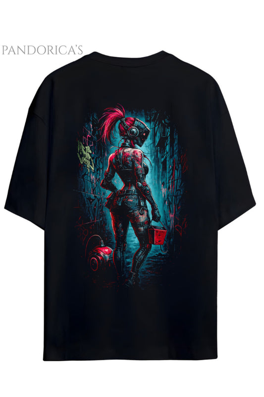 Cyberpunk Street Style Serisi Sırt Baskılı Pamuklu Relaxed Kalıp Siyah Unisex Tişört