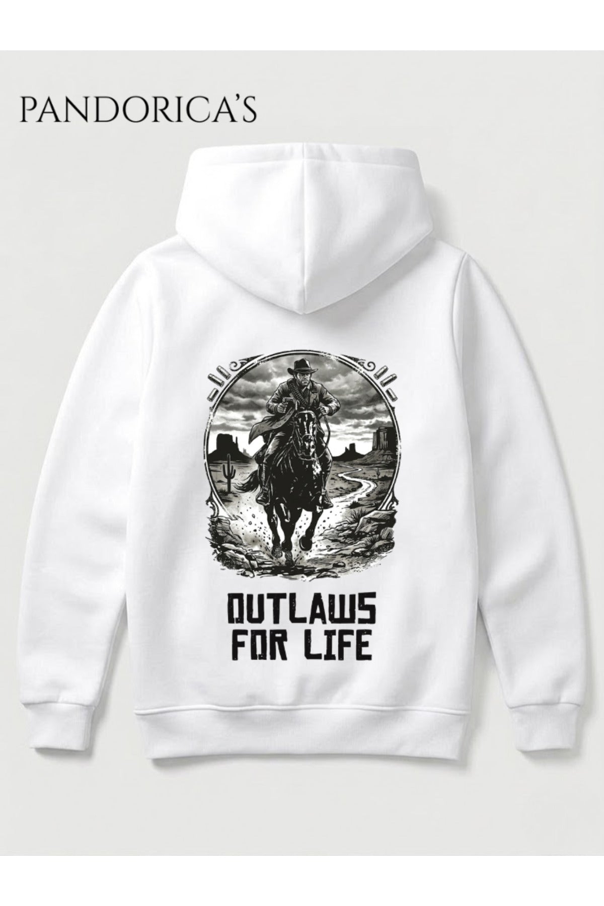 Beyaz Red Dead Redemption Tasarımı "Outlaws For Life" Yazılı Sırt Baskılı Unisex Kapüşonlu Pamuklu Sweatshirt Hoodie - 78