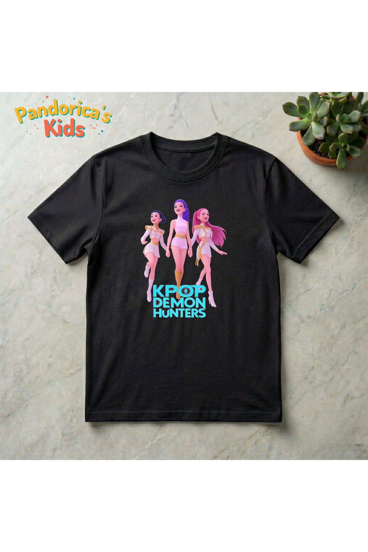Siyah Pandorica's Kpop İblis Avcıları (Demon Hunters) Tasarımı Pamuklu Unisex Çocuk T-Shirt - 205