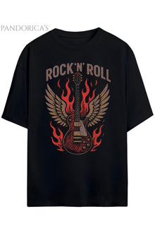 Pandorica's ROCK Tasarım Serisi "ROCK 'N' ROLL Yazılı Gitar Baskılı Unisex Pamuklu T-shirt