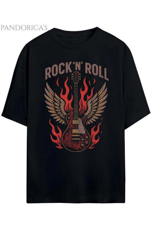 Pandorica's ROCK Tasarım Serisi "ROCK 'N' ROLL Yazılı Gitar Baskılı Unisex Pamuklu T-shirt