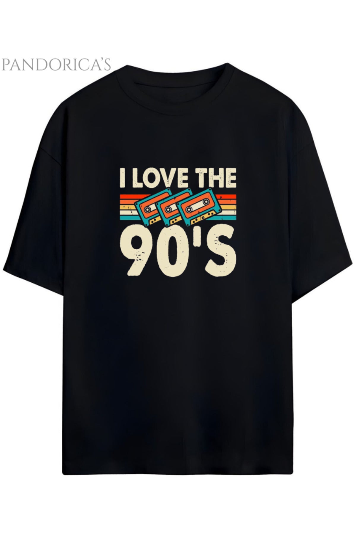 Siyah Pandorica's 90Lar "I Love 90's" Yazılı Baskılı Retro Tasarım Serisi Unisex Pamuklu Tişört - 17