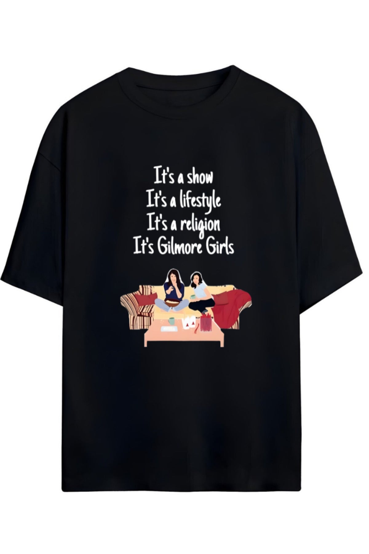 Siyah Gilmore Girls Tasarım Serisi Lorelai Ve Rory Yazılı Baskılı Relaxed Kalıp Pamuklu Unisex Tişört - 101