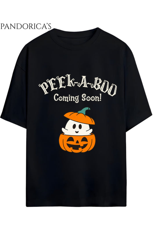 Kadın Hamile Temalı "Peek A Boo Coming Soon" Yazılı Cadılar Bayramı Bal Kabağı Baskılı Oversize Pamuklu Tişört Bisiklet Yaka