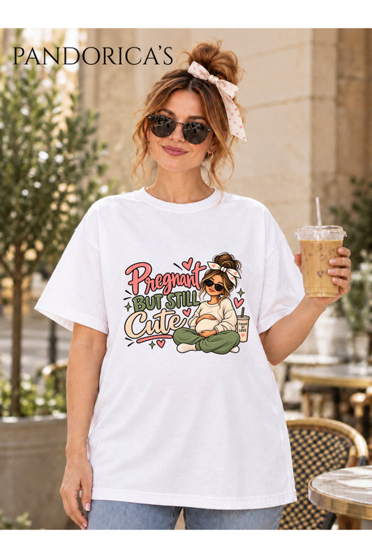 Kadın Hamile Temalı "Pregnant But Still Cute" Yazılı Baskılı Oversize Pamuklu Tişört Bisiklet Yaka
