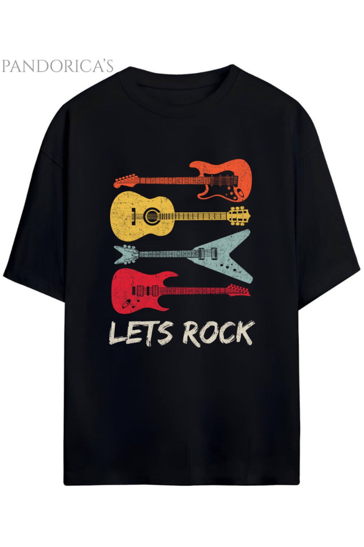Siyah Pandorica's Rock Tasarım Serisi "Let's Rock" Yazılı Gitar Baskılı Unisex Pamuklu T-Shirt - 61
