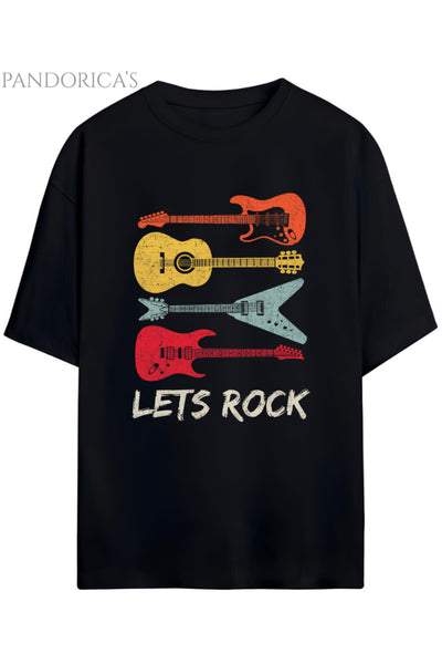 Pandorica's ROCK TASARIM SERİSİ "LET'S ROCK" Yazılı Gitar Baskılı Unisex Pamuklu T-shirt