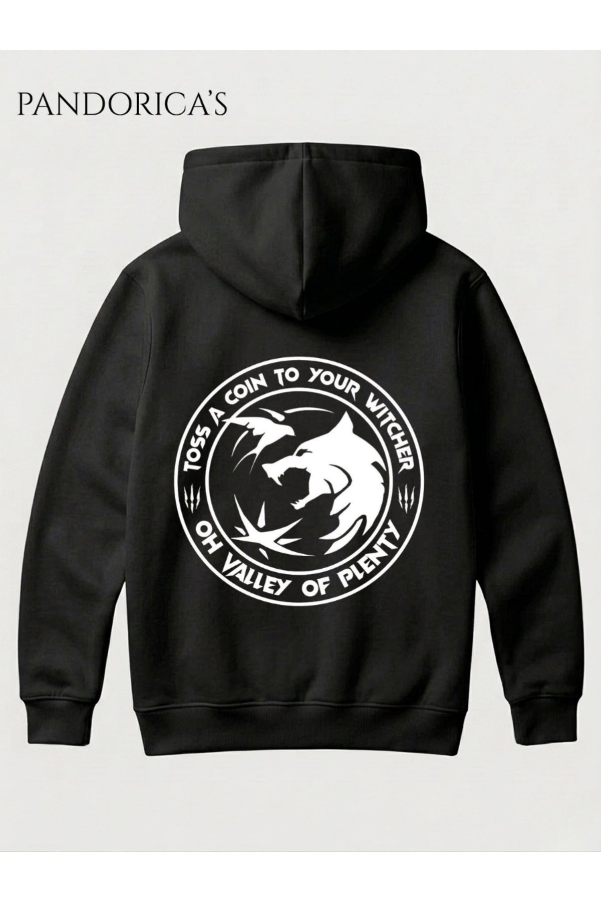 The Witcher Tasarımı "Tos A Coin To Witcher" Yazılı Kurt Sırt Baskılı Unisex Kapüşonlu Pamuklu Gamer Sweatshirt Hoodie