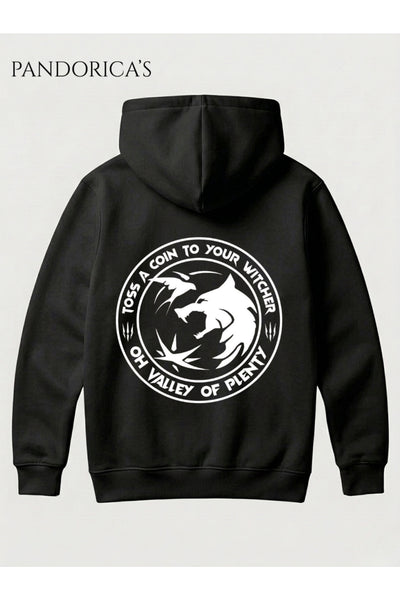 THE WITCHER Tasarımı "TOS A COIN TO WITCHER" Yazılı Kurt SIRT Baskılı Unisex Kapüşonlu Pamuklu Gamer Sweatshirt Hoodie