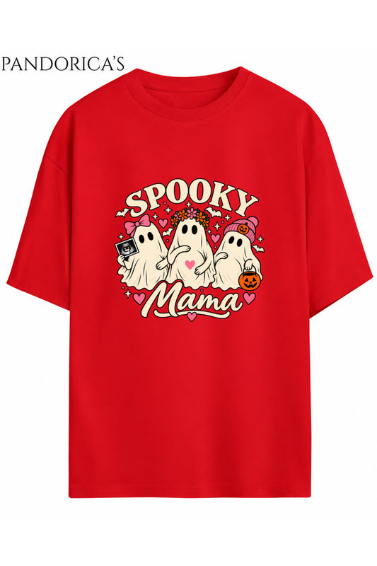 Kadın Hamile Temalı "SPOOKY MAMA" Yazılı Cadılar Bayramı Sevimli Hayalet Baskılı Oversize Pamuklu Tişört Bisiklet Yaka