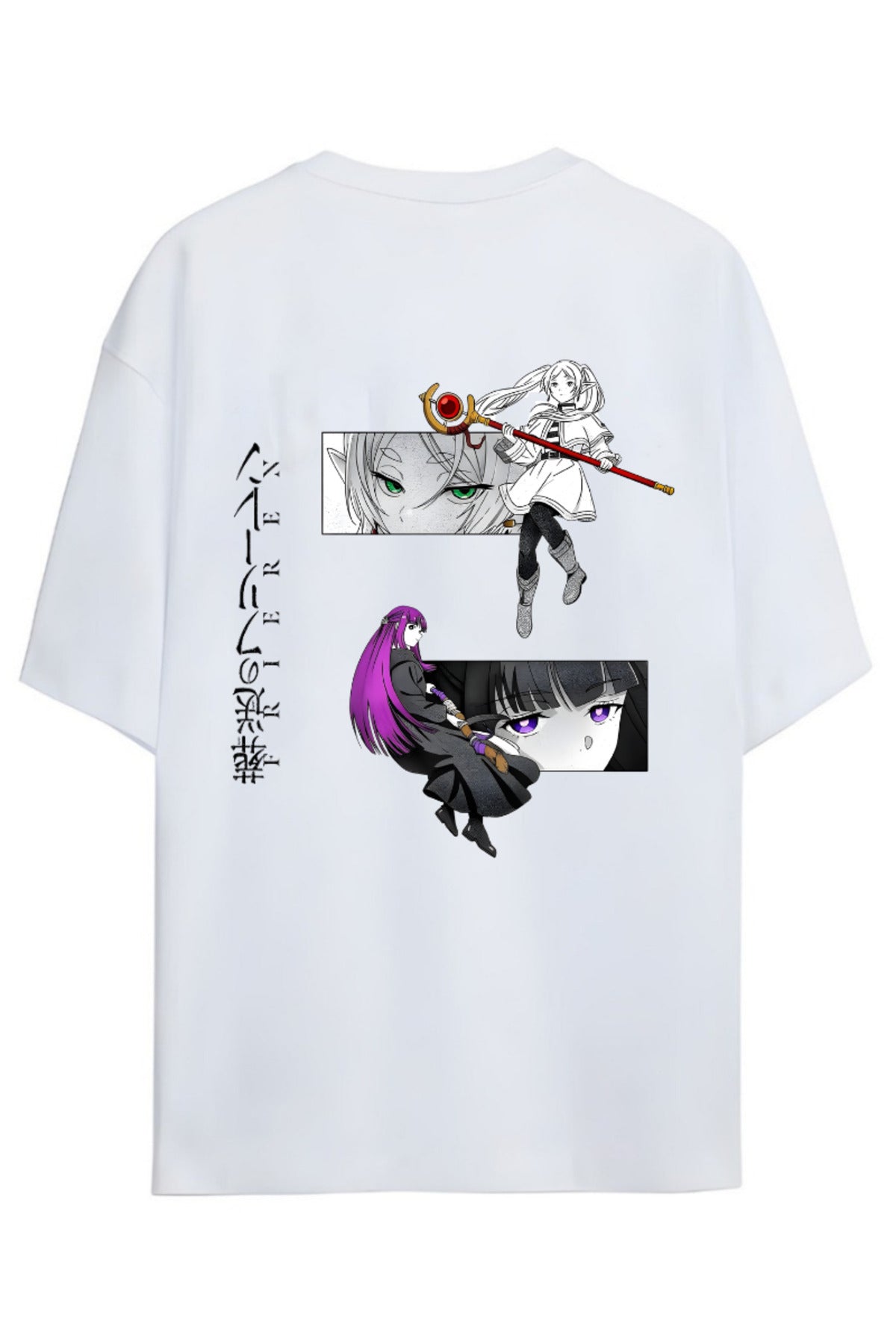 Frieren: Beyond Journey's End (Sousou No Frieren) Friern&Fern Yazılı Sırt Baskılı Pamuklu Unisex Tişört