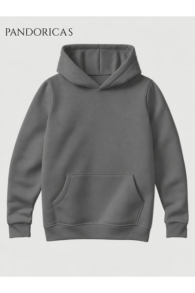 Unisex Koyu Açık Gri %100 Pamuk 3 İplik Kışlık Kapüşonlu Kanguru Cepli Basic Sweatshirt (Hoodie)