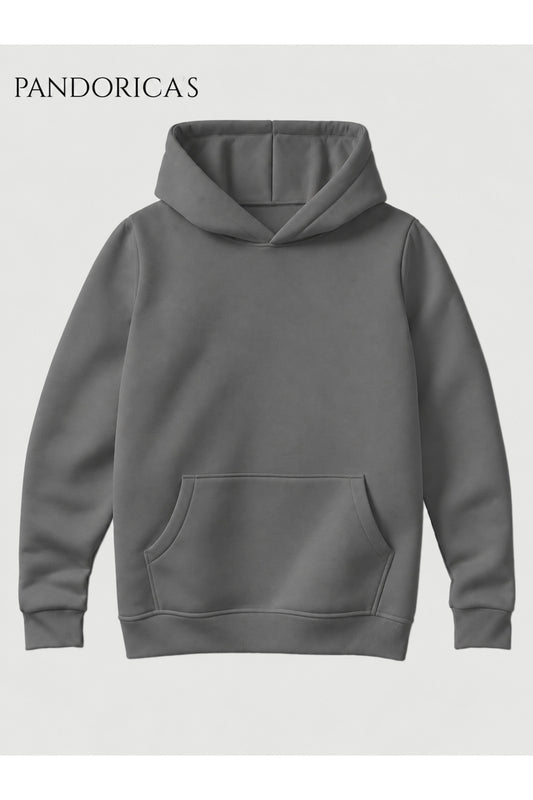 Unisex Koyu Açık Gri %100 Pamuk 3 İplik Kışlık Kapüşonlu Kanguru Cepli Basic Sweatshirt (Hoodie)