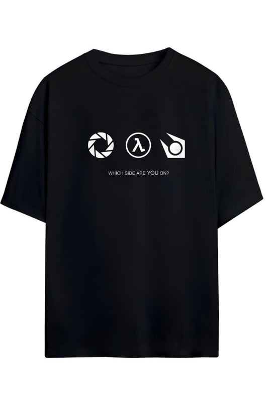 Half Life Sembolleri " Which Side Are You On? " Yazılı Baskılı Pamuklu Relaxed Kalıp Gamer Tişört