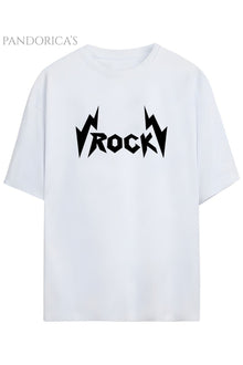 Pandorica's ROCK Tasarım Serisi "ROCK" Yazılı Baskılı Relaxed Kalıp Unisex Pamuklu T-shirt