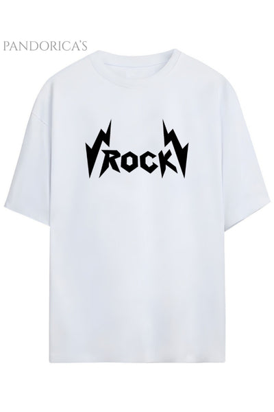 Pandorica's ROCK Tasarım Serisi "ROCK" Yazılı Baskılı Relaxed Kalıp Unisex Pamuklu T-shirt