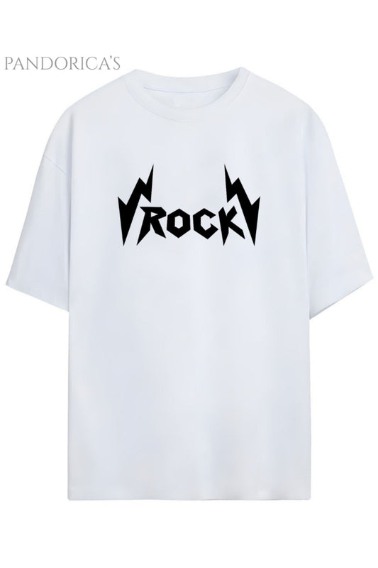 Pandorica's ROCK Tasarım Serisi "ROCK" Yazılı Baskılı Relaxed Kalıp Unisex Pamuklu T-shirt