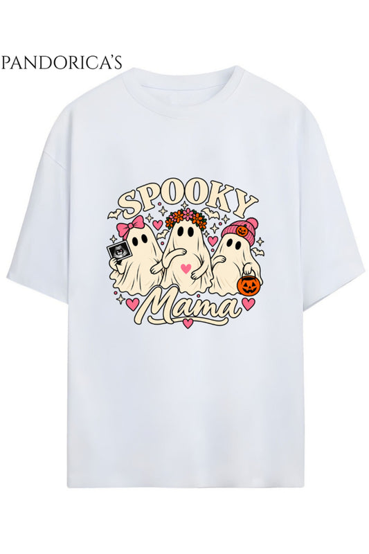 Kadın Hamile Temalı "SPOOKY MAMA" Yazılı Cadılar Bayramı Sevimli Hayalet Baskılı Oversize Pamuklu Tişört Bisiklet Yaka