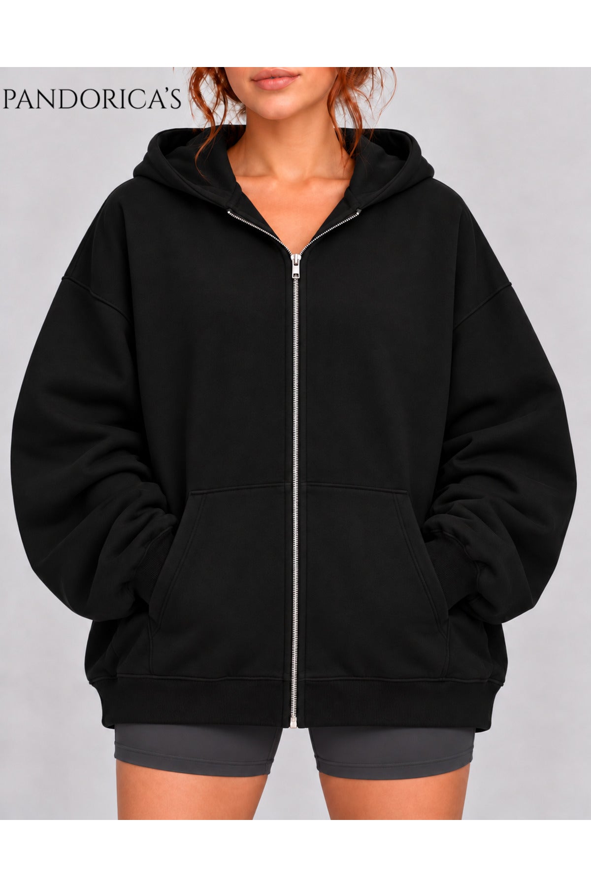 Siyah Unisex Relaxed Baskısız Basic İçi Şardonlu Kapüşonlu Fermuarlı Sweatshirt Hırka
