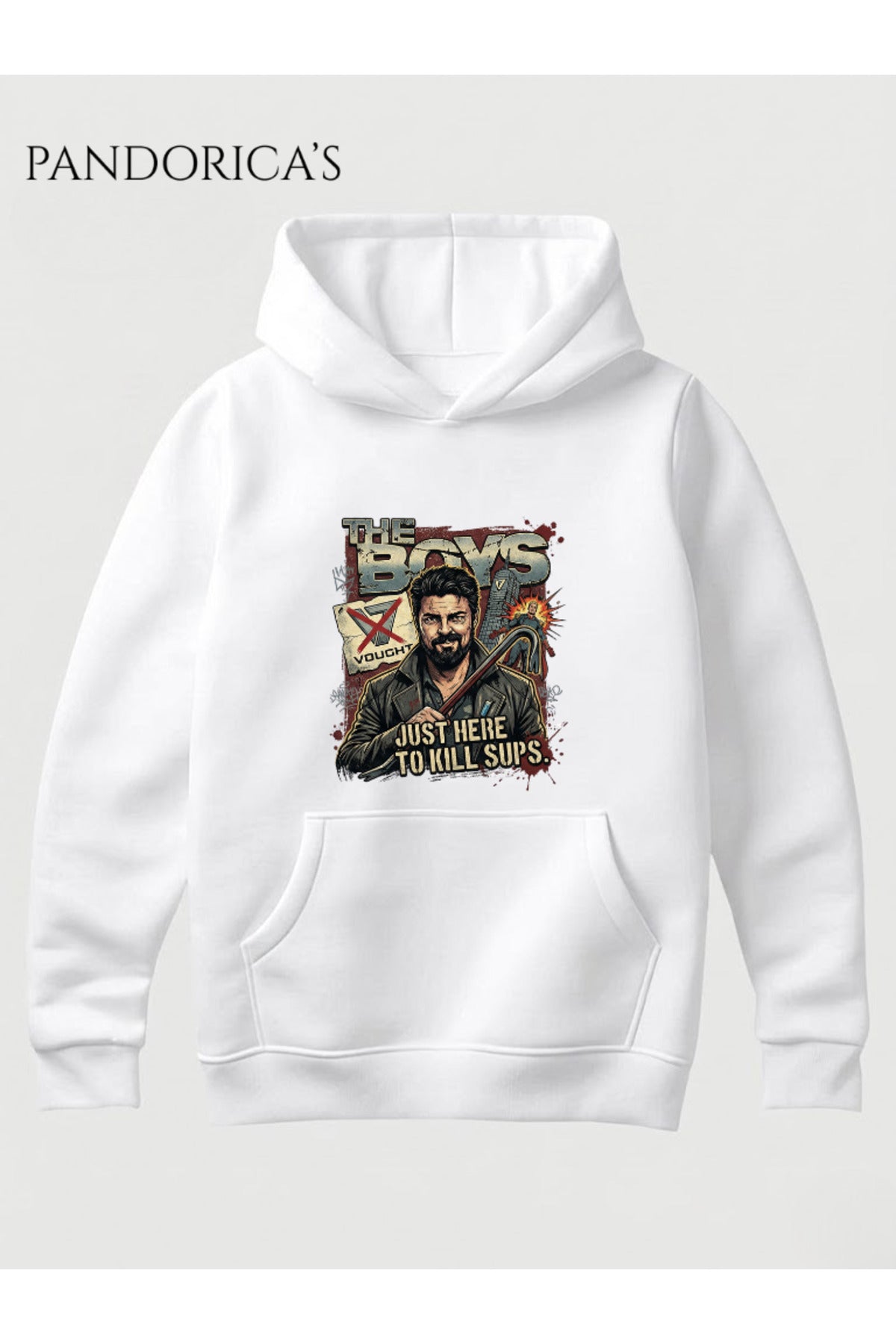 Beyaz The Boys Billy Butcher Anti-Vought Tasarımı "Just Here To Kill Supes" Yazılı Baskılı Unisex Kapüşonlu Pamuklu Sweatshirt Hoodie - 78