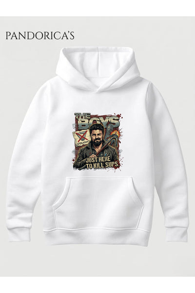 The Boys Billy Butcher Anti-Vought Tasarımı "JUST HERE TO KILL SUPES" Yazılı Baskılı Unisex Kapüşonlu Pamuklu Sweatshirt Hoodie
