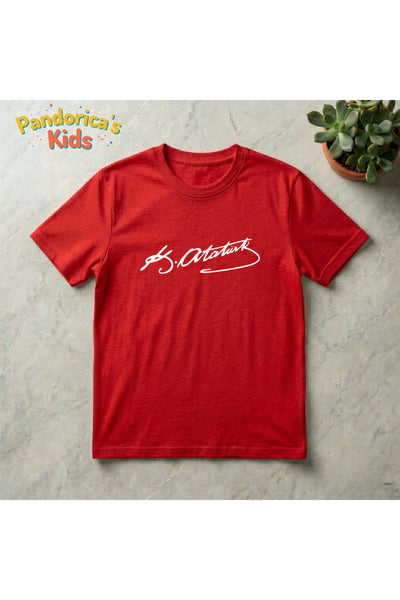 ATATÜRK Tasarımı İmzalı Baskılı Bayraklı Unisex Pamuklu Çocuk T-shirt