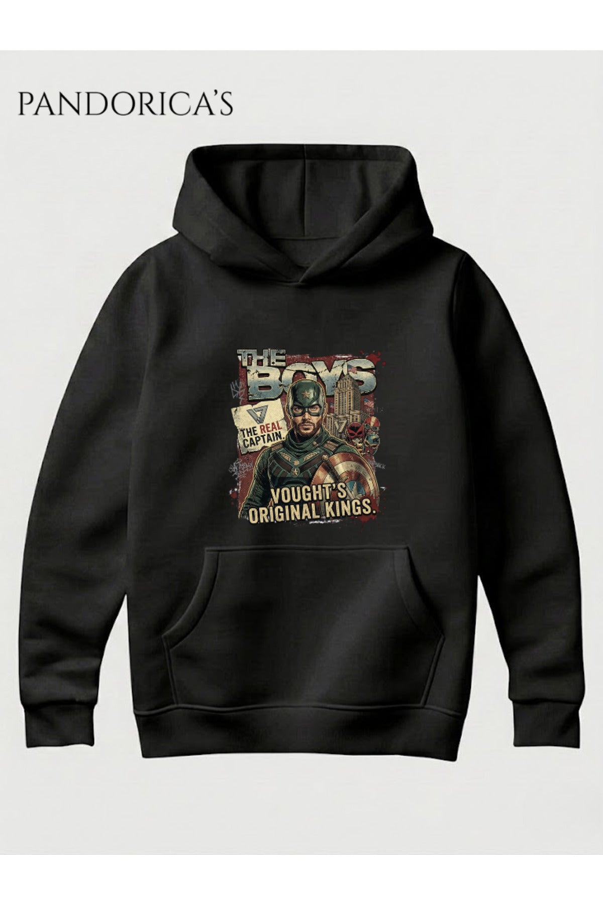 Siyah The Boys Soldier Boy The Real Captain Tasarımı "Vought's Original Kings" Yazılı Baskılı Unisex Kapüşonlu Pamuklu Sweatshirt Hoodie - 267
