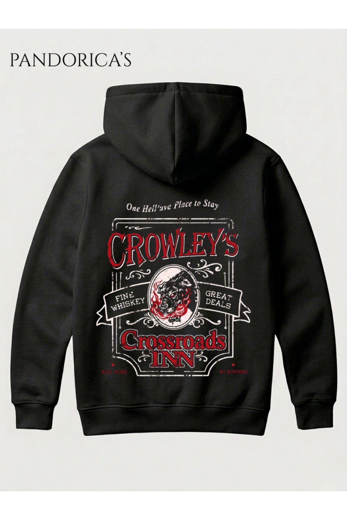 Supernatural Özel Tasarımı "Crowley's Crossroad Inn" Yazılı Sırt Ve Ön Baskılı Unisex Kapüşonlu Pamuklu Sweatshirt Hoodie