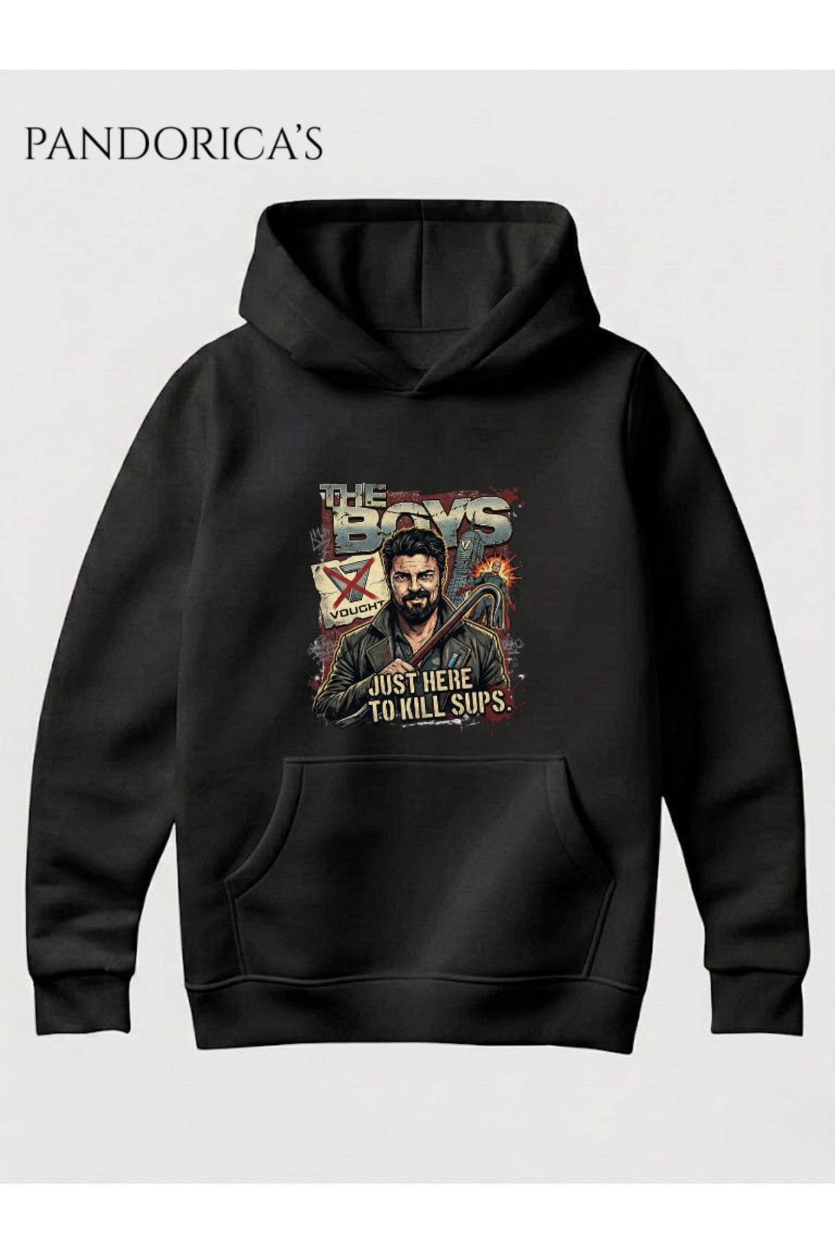 Siyah The Boys Billy Butcher Anti-Vought Tasarımı "Just Here To Kill Supes" Yazılı Baskılı Unisex Kapüşonlu Pamuklu Sweatshirt Hoodie - 69