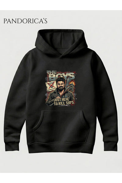 The Boys Billy Butcher Anti-Vought Tasarımı "JUST HERE TO KILL SUPES" Yazılı Baskılı Unisex Kapüşonlu Pamuklu Sweatshirt Hoodie