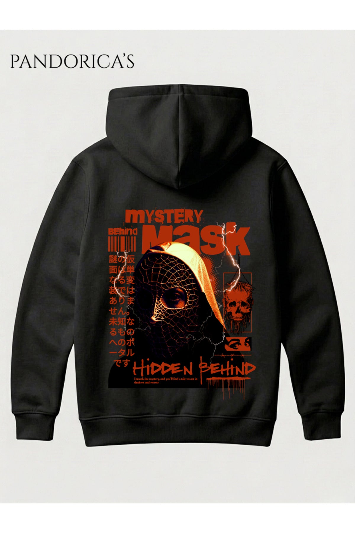 Siyah Unisex Mystery Mask Japonca Yazılı Sırt Baskılı Kapüşonlu Sweatshirt Pamuklu Hoodie - 114