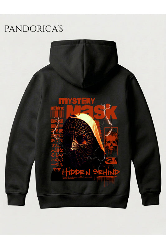 Unisex Mystery Mask Japonca Yazılı Sırt Baskılı Kapüşonlu Sweatshirt Pamuklu Hoodie