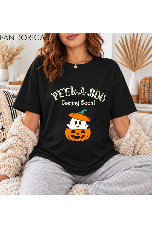 Kadın Hamile Temalı "Peek A Boo Coming Soon" Yazılı Cadılar Bayramı Bal Kabağı Baskılı Oversize Pamuklu Tişört Bisiklet Yaka