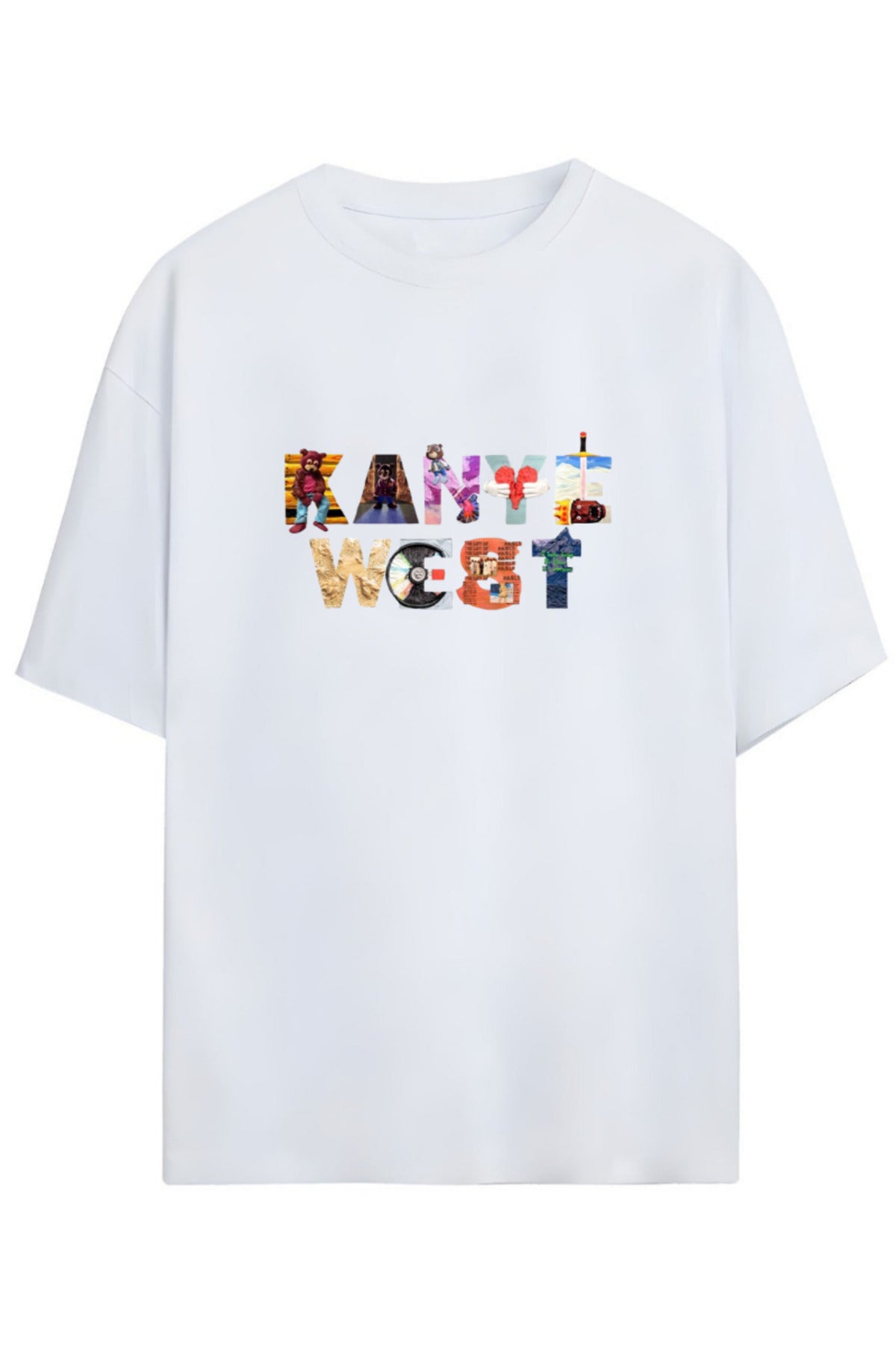 Beyaz Kanye West Tasarımı Baskılı Yazılı Pamuklu Unisex T-Shirt - 73