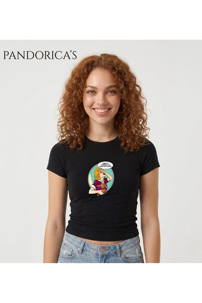 Pandorica's İronik Tasarım Baskılı Yazılı Slim Fit Likralı Crop Pamuklu Penye Tişört (Body Tee)