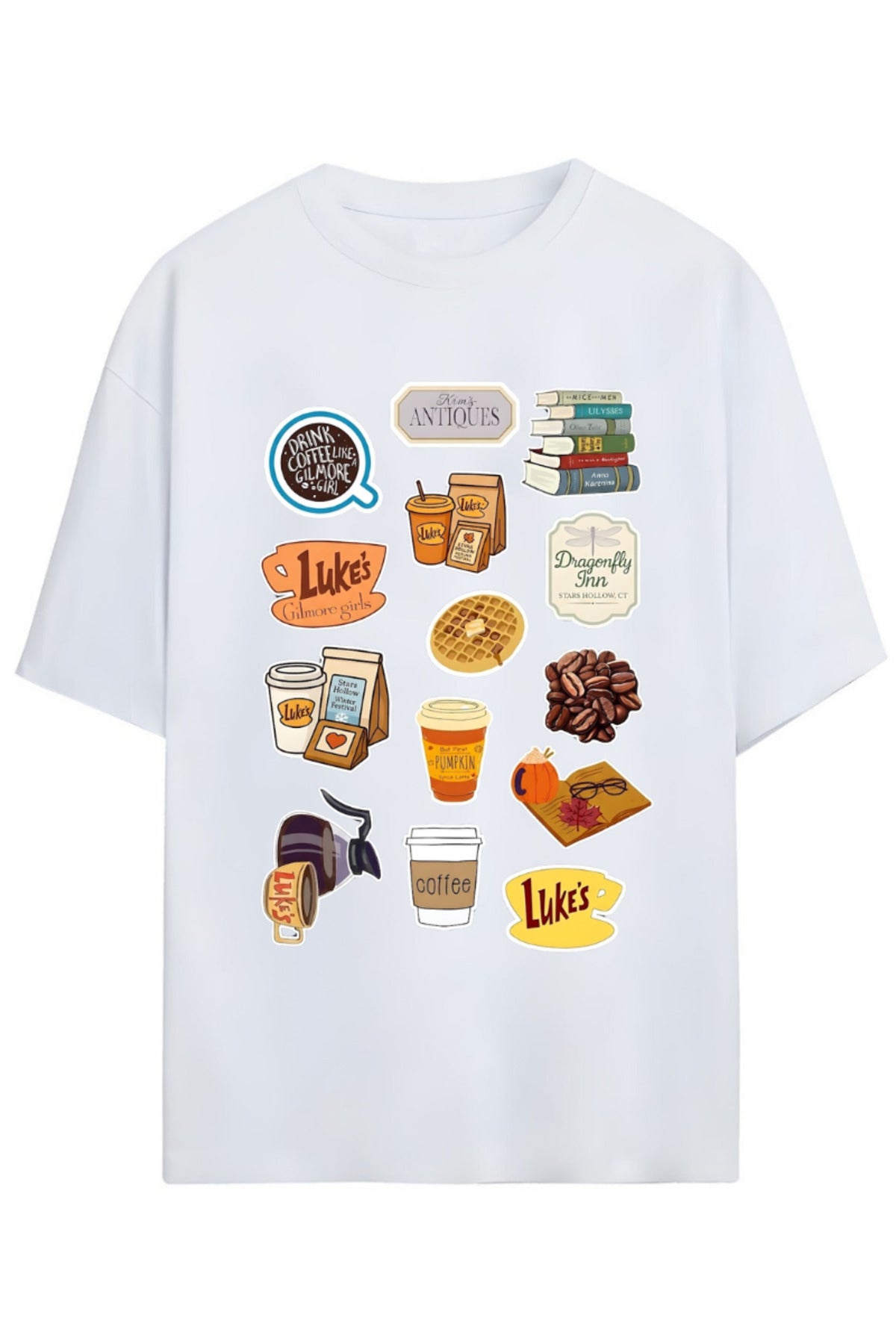 Beyaz Gilmore Girls Tasarım Serisi İkonik Görseller Yazılı Baskılı Unisex Tişört - 85