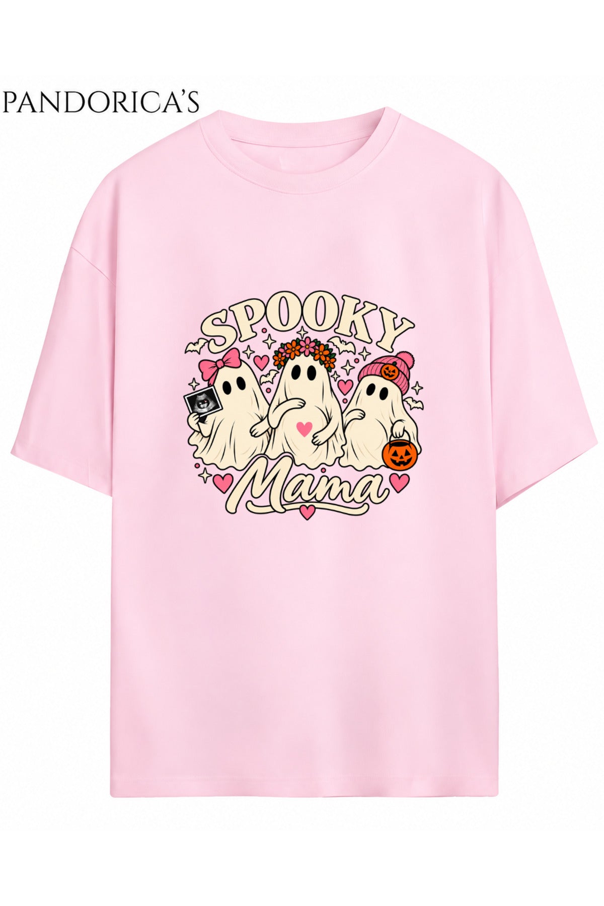 Açık Pembe Kadın Hamile Temalı "Spooky Mama" Yazılı Cadılar Bayramı Sevimli Hayalet Baskılı Oversize Pamuklu Tişört Bisiklet Yaka