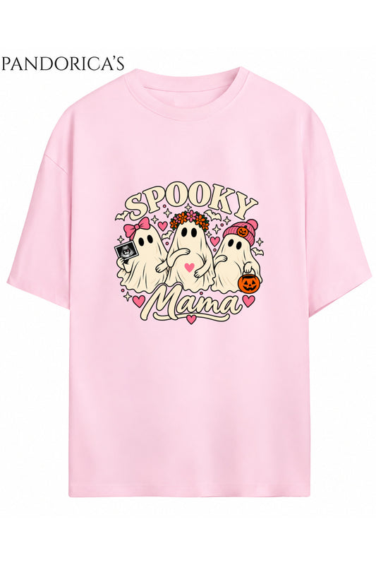 Kadın Hamile Temalı "SPOOKY MAMA" Yazılı Cadılar Bayramı Sevimli Hayalet Baskılı Oversize Pamuklu Tişört Bisiklet Yaka