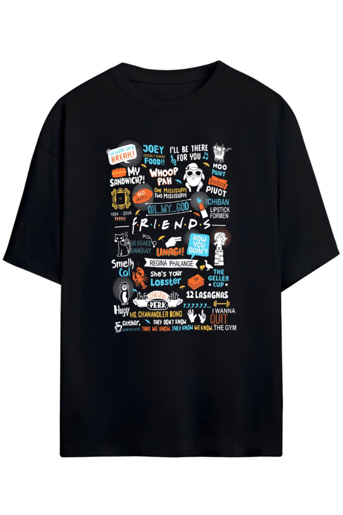 Siyah Friends Tasarımı Unisex Pamuklu T-Shirt - 1