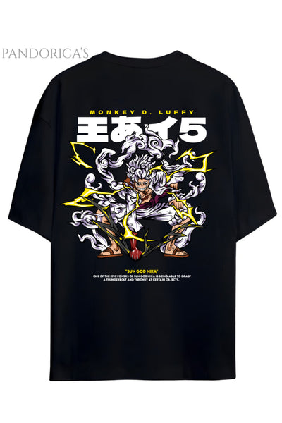 ONE PIECE ÖZEL TASARIM SERİSİ " MONKEY D. LUFFY SUN GOD NIKA " SIRT BASKILI YAZILI UNISEX PAMUKLU TİŞÖRT