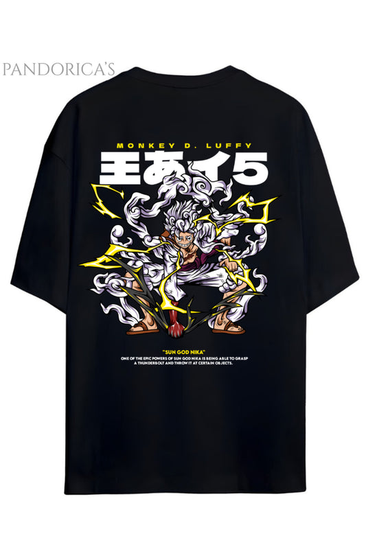ONE PIECE ÖZEL TASARIM SERİSİ " MONKEY D. LUFFY SUN GOD NIKA " SIRT BASKILI YAZILI UNISEX PAMUKLU TİŞÖRT