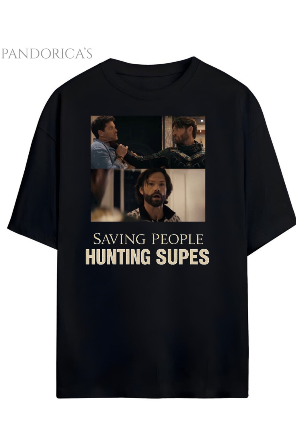 Siyah Pandorica's Saving People Hunting Supes Yazılı The Boys & Supernatural Unisex Pamuklu T-Shirt - 25