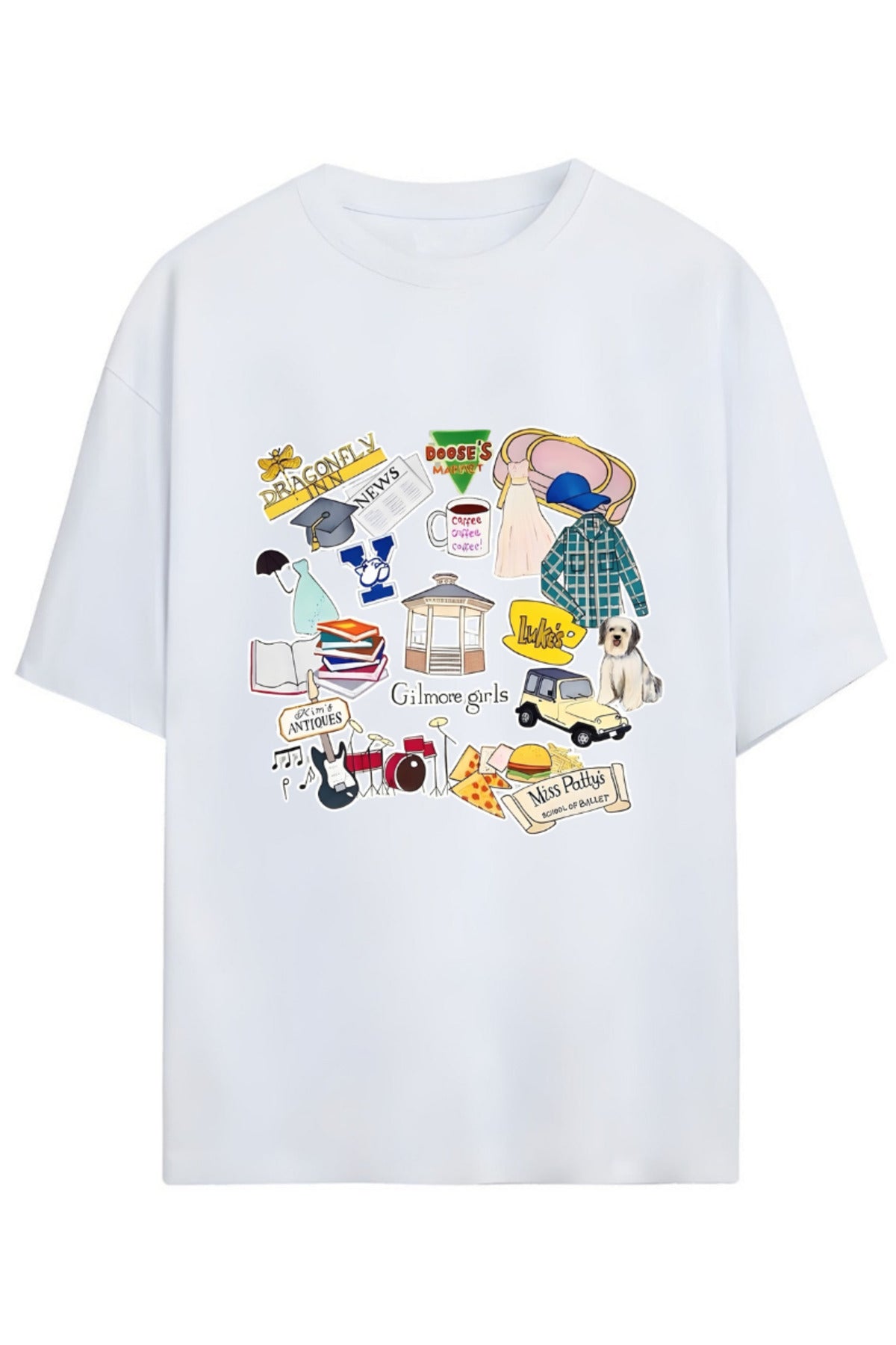 Beyaz Gilmore Girls Tasarım Serisi İkonik Görseller Yazılı Baskılı Unisex Tişört - 89