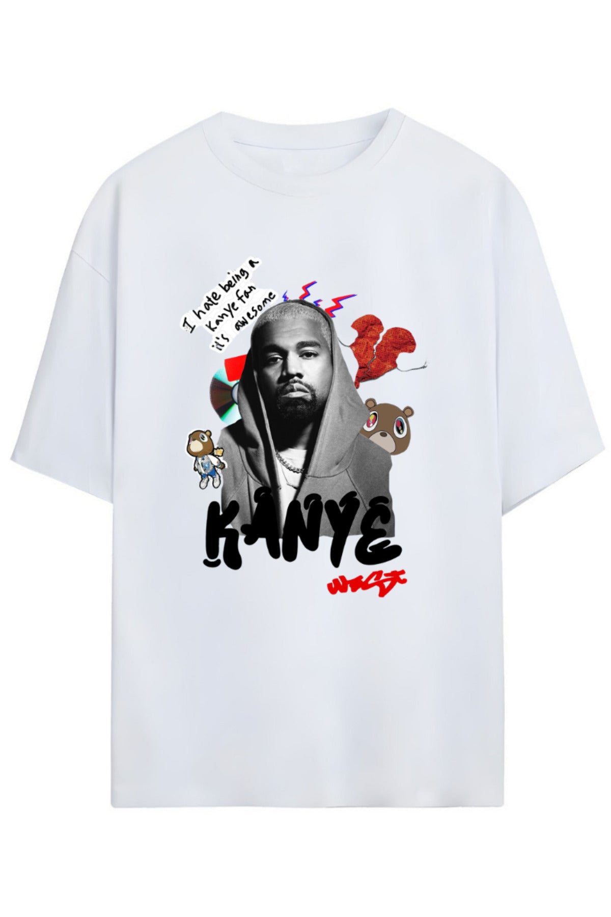 Beyaz Kanye West Tasarımı Baskılı Yazılı Pamuklu Unisex T-Shirt - 65