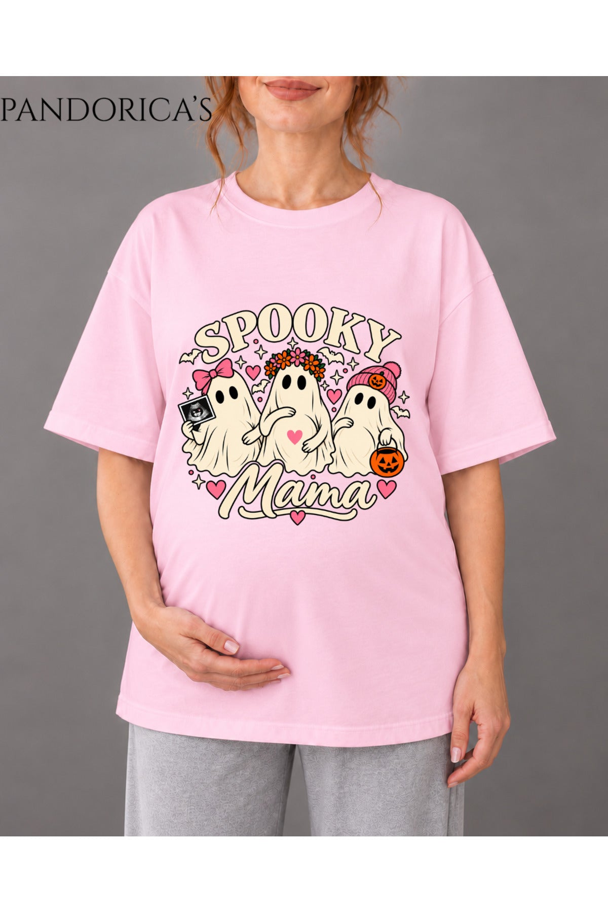 Açık Pembe Kadın Hamile Temalı "Spooky Mama" Yazılı Cadılar Bayramı Sevimli Hayalet Baskılı Oversize Pamuklu Tişört Bisiklet Yaka