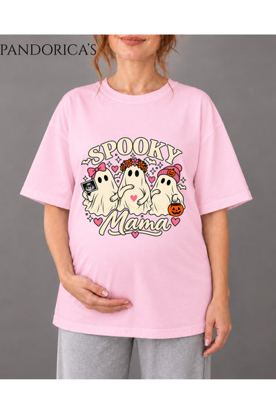 Kadın Hamile Temalı "SPOOKY MAMA" Yazılı Cadılar Bayramı Sevimli Hayalet Baskılı Oversize Pamuklu Tişört Bisiklet Yaka