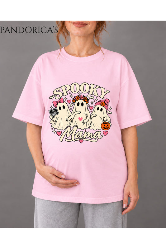 Kadın Hamile Temalı "SPOOKY MAMA" Yazılı Cadılar Bayramı Sevimli Hayalet Baskılı Oversize Pamuklu Tişört Bisiklet Yaka