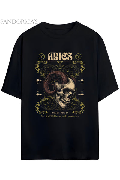Gothic Zodyak Tasarım Serisi Aries (Koç Burcu) Yazılı Baskılı Pamuklu Unisex Tişört