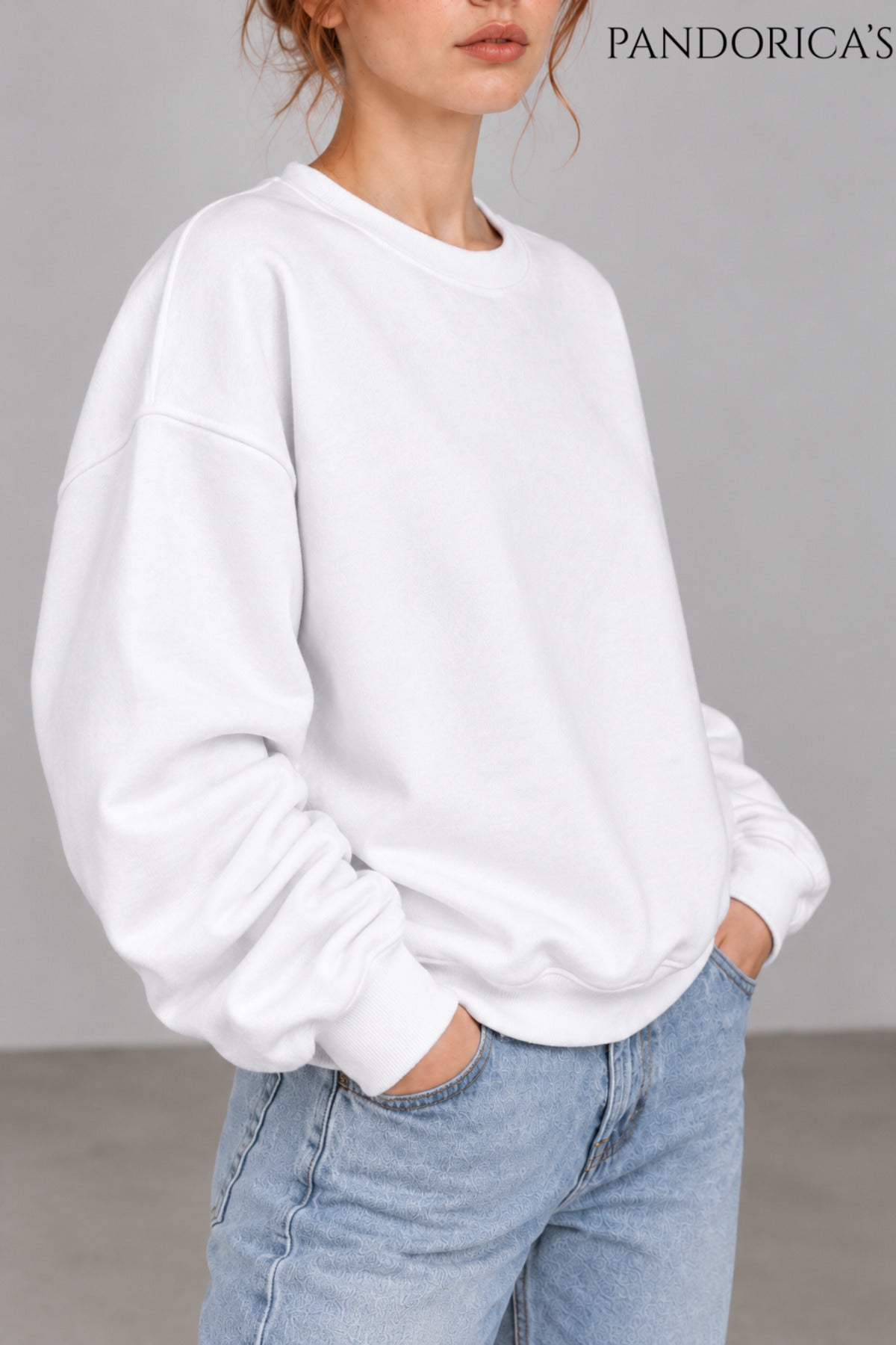 Beyaz Unisex Düz Baskısız Bisiklet Yaka 3 İplik Şardonlu Pamuklu Relaxed Sweatshirt Kışlık