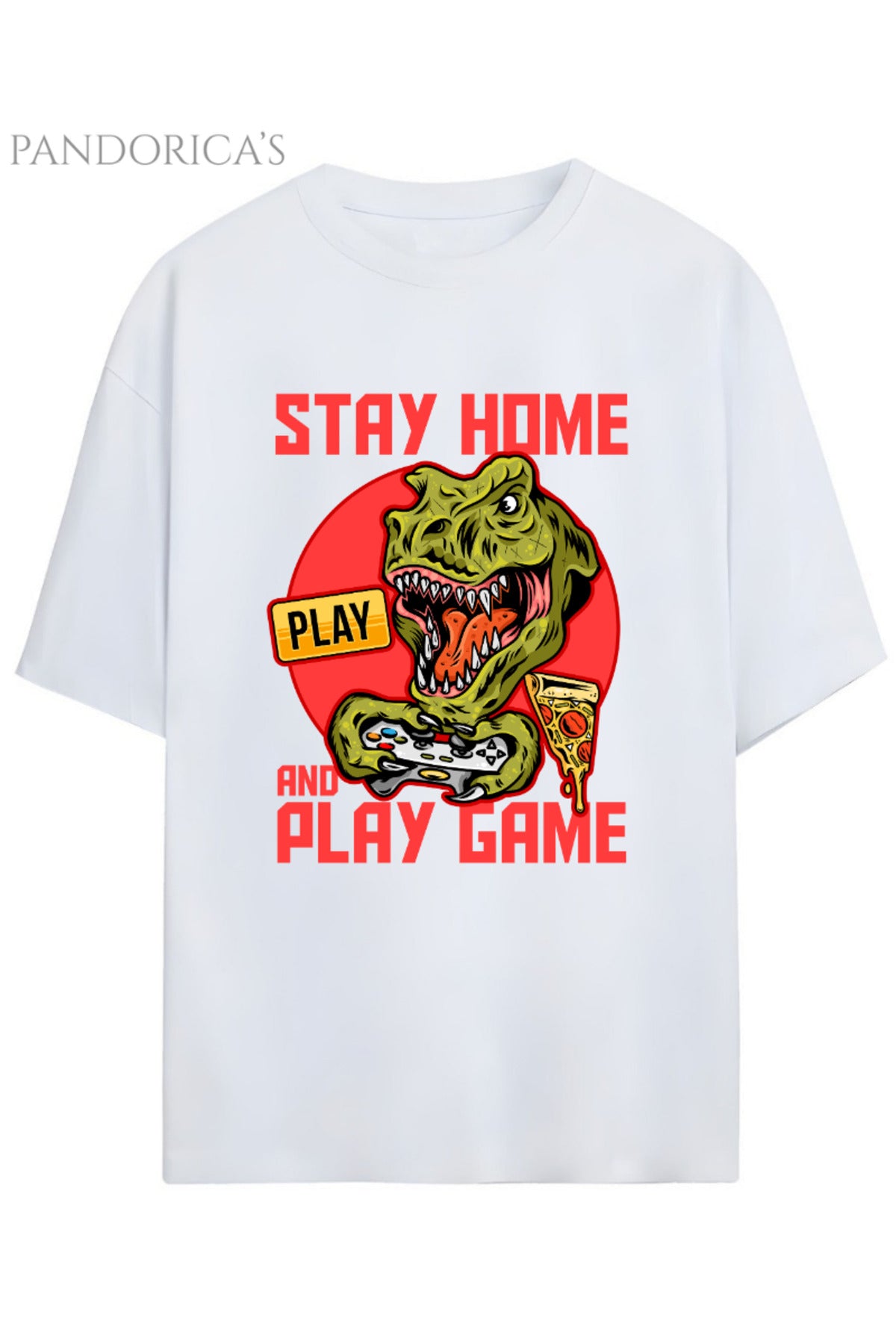 Beyaz Dino Tasarım Serisi -Gamer Dino- "Stay Home And Play Game" Yazılı Dinazor Baskılı Pamuklu Unisex Tişört - 41